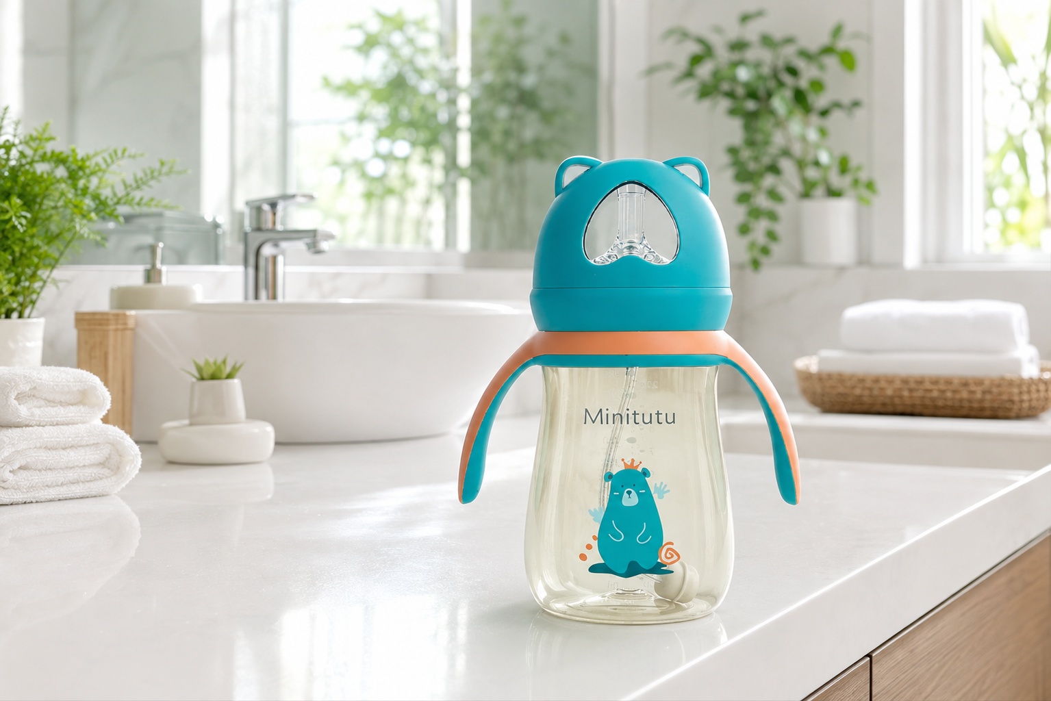 Minitutu Bear PPSU Straw Cup 300mL for 9+ Months | BPA-Free Training Cup with Handles & Silicone Straw