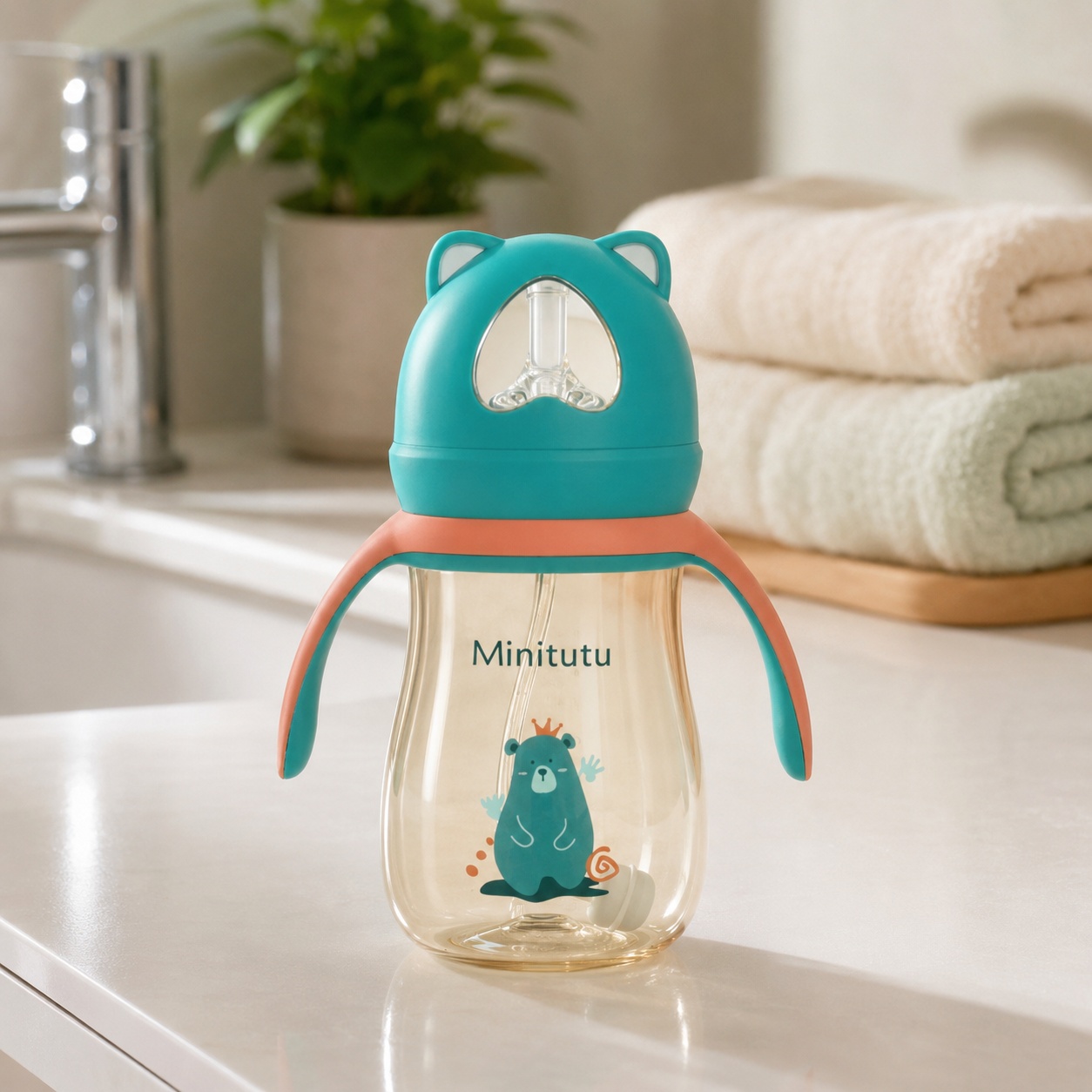 Minitutu Bear PPSU Straw Cup 300mL for 9+ Months | BPA-Free Training Cup with Handles & Silicone Straw